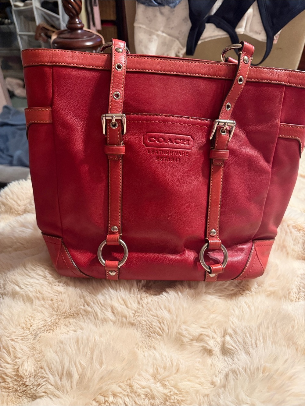 COACH Red Leather Tote with Buckle-Strap Accents